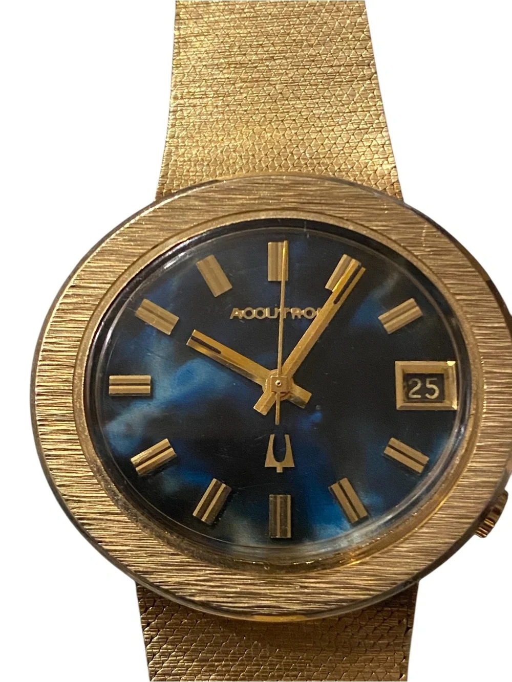 Estate Bulova Accutron 14k Gold Watch with Blue Lapis Dial and gold numeral mark